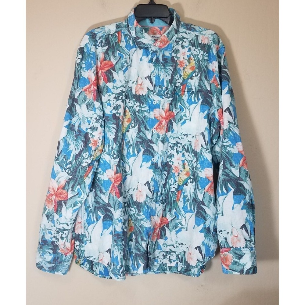 Tommy Bahama Islandzone Linen Blend‎ Shirt Men Large Hawaiian Floral Long Sleeve